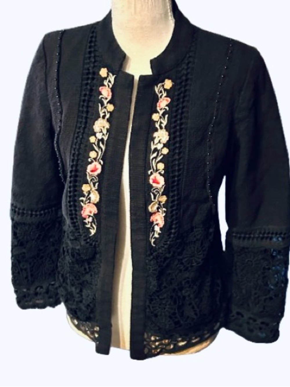 Embroidered Crocheted Lace CHICO’s Jacket Boho Floral Cottage Bohemian Small